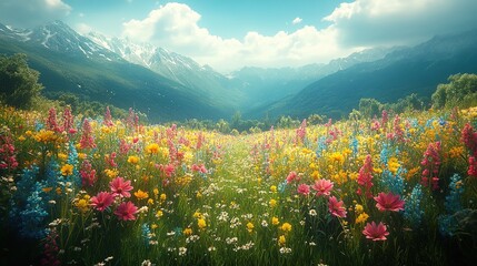 Alpine wildflower meadow, sunny day, mountain backdrop