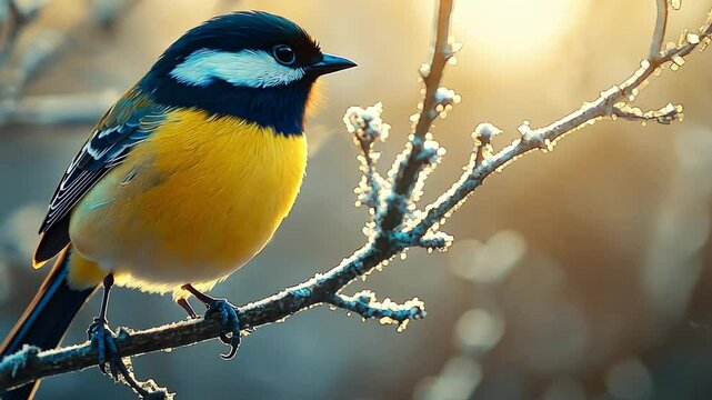 A majestic Great tit (Parus major) standing on a bare branch, its striking yellow and black feathers glowing softly in the peaceful forest light.