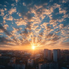 Fototapeta premium Dramatic Golden Hour Illuminating Wispy Clouds Over Modern Cityscape With Stunning Vivid Colors And Details long title Dramatic golden hour sunlight