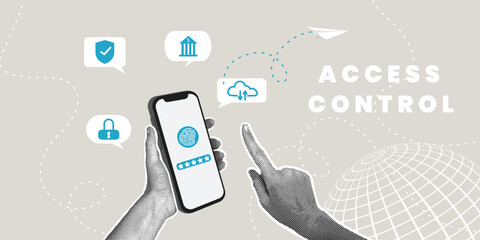 Trendy halftone collage. Biometric data protection concept, security access to financial data , fingerprint scan access, biometric cybersecurity system, privacy for data protection