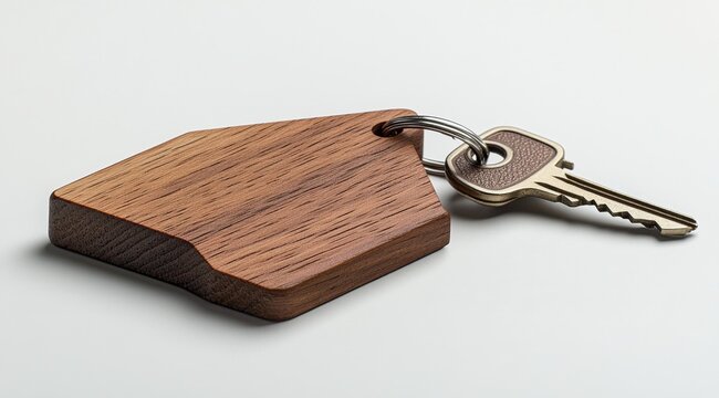 Wooden house key chain, white background, key, home