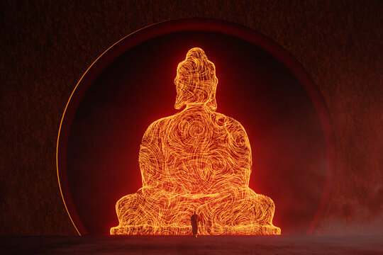 Monk in contemplation before glowing figure of enlightened Buddha
