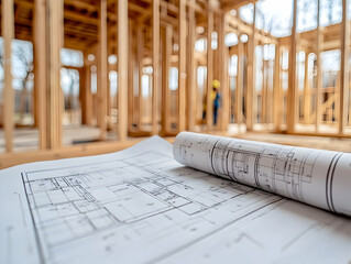 House Construction Photo: Blueprint and Frame