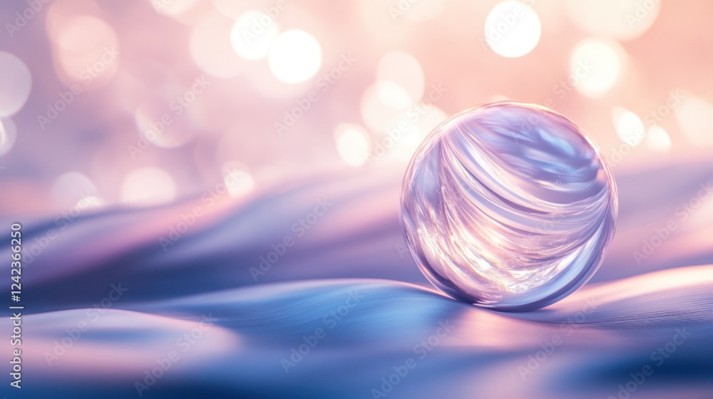 Poster glass sphere on soft fabric with bokeh lights.