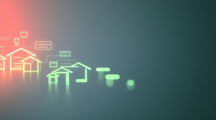 A digital illustration showcasing potential of trends emerging stylized houses and icons, depicting themes of real estate and technology in a modern design.