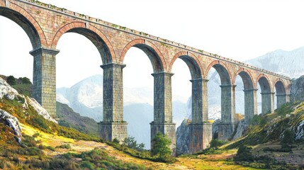 Fototapeta premium Majestic Stone Viaduct Spanning Lush Valley with Scenic Mountain Backdrop