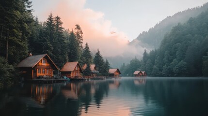Fototapeta premium Serene Mountain Cabins by Tranquil Lake at Dawn with Misty Forest