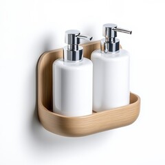 Modern Minimalist Bathroom Soap Dispensers with Oak Wood Holder, Generative AI.