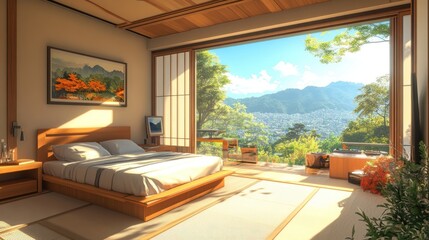 Fototapeta premium Sunlit minimalist bedroom with mountain view.