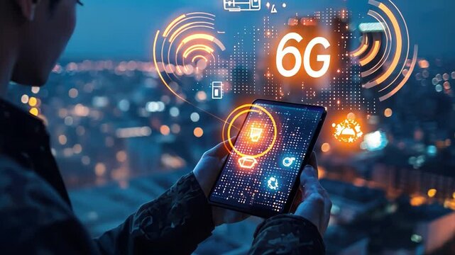 A futuristic smartphone that connects smart devices in a smart city using 6G network waves represents the smooth integration and connectivity of the Internet of Things.