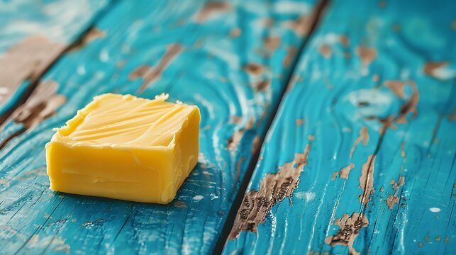 Piece of butter on a blue wooden table