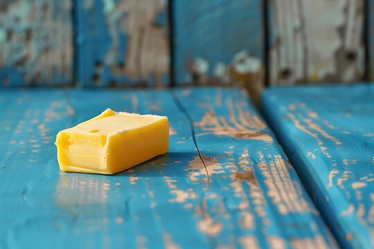 Piece of butter on a blue wooden table