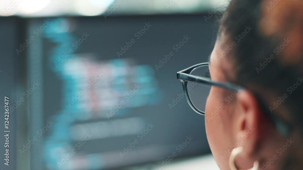 Poster Screen, it support developer or woman on computer for coding research, project or cybersecurity update. Blur, system or developer on technology for web development, programming or building software