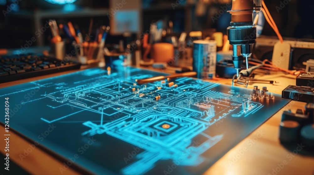 Poster robotic arm precisely assembling components onto a futuristic circuit board, guided by a projected i