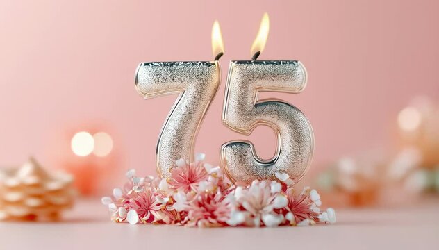 A Celebratory Scene Featuring Sparkling Silver 75 Birthday Candles Amidst Delicate Floral Accents on an Elegant Pink Background for a Memorable 75th Celebration