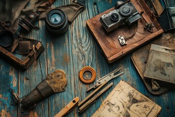 Vintage cameras, tools, maps on rustic blue wood