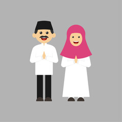 A husband and wife dressed in muslim. Ramadan kareem. Eid mubarak. Flat design vector illustration.