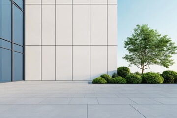 Modern Building Facade with Green Plant Growth Near Corner