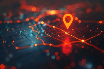 Red location pin on map with lights bokeh background