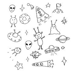 A hand-drawn space-themed doodle set. Aliens, spaceships, flying saucers. Vector illustration.