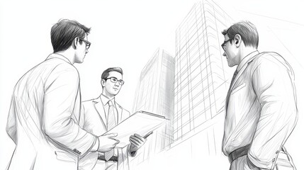 Fototapeta premium Three businessmen in suits, a professional exchange of ideas and strategies 
