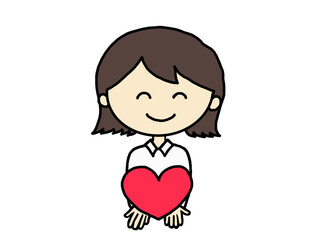 ハートマークを持つ白いシャツを着た笑顔の女性