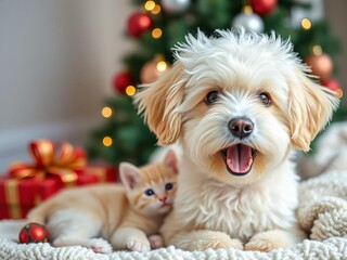 A small fluffy kitten and a white puppy sleeping on a white blanket in a festive setting with decorations, dog, cozy, cute