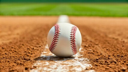 Close-Up of a Baseball Rolling Along a White Base Line on a Softball Field in Daylight