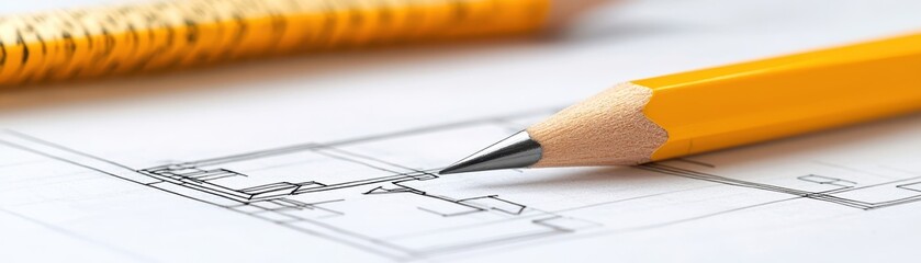 Architectural blueprint and pencils, detailed design construction planning 