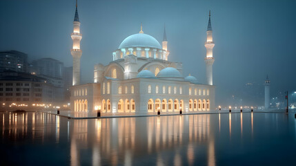 Fototapeta premium Illuminated white mosque with grand domes and minarets reflected in calm water on a foggy night.