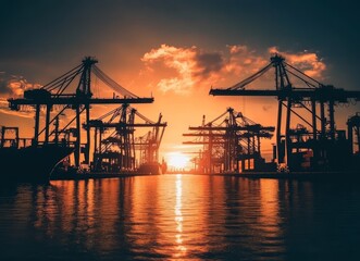 Obraz premium Sunset Harbor Cranes Silhouette Cargo Shipping