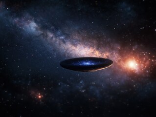 Cosmic Scene with Spacecraft and Twinkling Stars Surrounding Galaxy