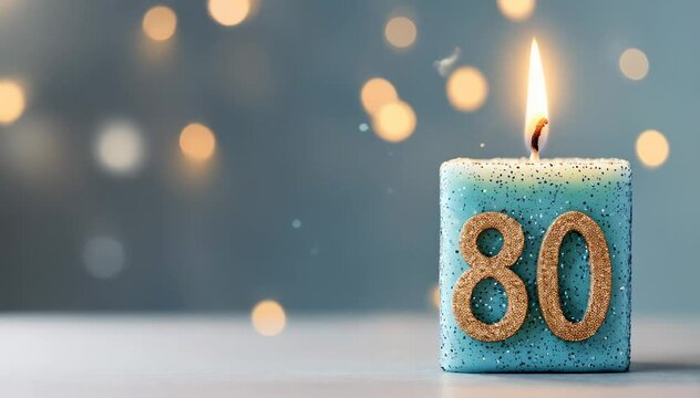 Elegant Blue Birthday Candle with Gold Glittering Number 80 Celebrating an 80th Anniversary or Birthday Against a Soft Focus Background