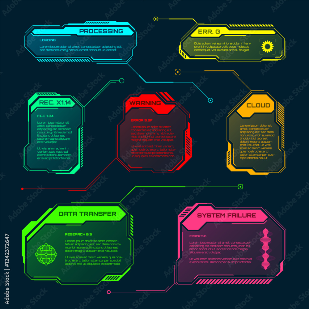 Poster futuristic hud or ui elements. sci-fi user interface text boxes, callouts. colorful warning message 