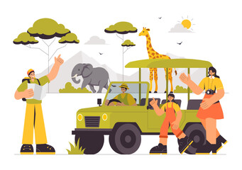 Naklejka premium Visitors Explore the Wildlife Safari Illustration Featuring People Enjoying a Zoo Visit with Giraffes, Elephants, and Other Animals in a Background