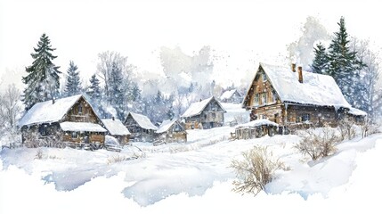 Naklejka premium Serene Winter Village Scene with Snow-Covered Wooden Cabins and Pine Trees in a Peaceful Snowfall Environment