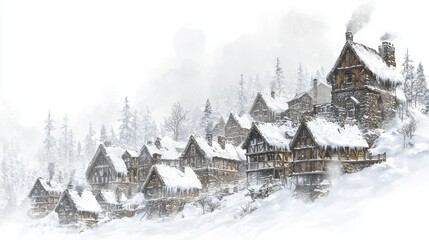 Snowy Winter Village Scene with Rustic Wooden Cabins Surrounded by Pine Trees and Gentle Fog