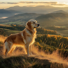 Golden Retriever on Grassy Hill Overlooking Valley at Sunset - A Serene and Majestic Landscape Capturing Freedom and Adventure