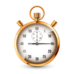 Realistic classic stopwatch. Shiny golden metal chronometer, time counter with dial. Countdown timer showing minutes and seconds. Time measurement for sport, start, finish. Vector illustration