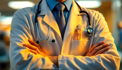 A doctor shown only from the neck down, wearing a white lab coat, blue shirt, and tie, with a stethoscope around the neck, arms crossed, against a blurred medical background.