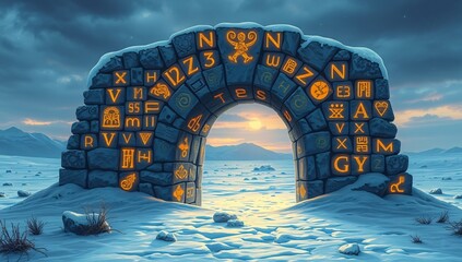 Ancient Viking Portal with Glowing Norse Runes – A stone arch covered in mystical runes, standing solitary on a frozen landscape, speaking of forgotten Viking legends