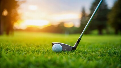 Golf Club Ready to Strike a Ball on a Sunlit Green Course at Dusk