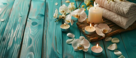 Spa serenity candles, orchids, towels on teal wood