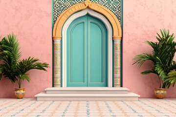 Fototapeta premium Vibrant Turquoise Doorway with Palm Plants and Pink Walls