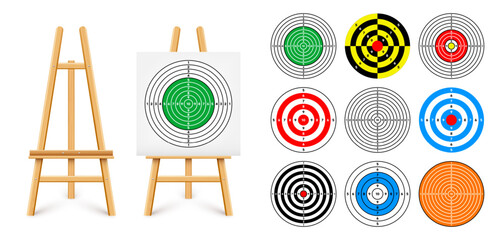 Shooting range target on a wooden easel stand. Paper target with divisions, marks and numbers. Archery, gun shooting and training, sport competition, hunting. Bullseye and aim. Vector illustration © 32 pixels