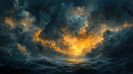 A dramatic oil-textured stormy sky with deep grays and streaks of vibrant yellow