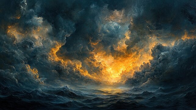 A dramatic oil-textured stormy sky with deep grays and streaks of vibrant yellow