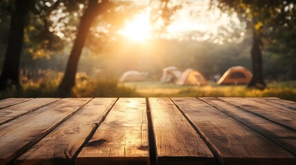 Serene Outdoor Camping Scene with Wooden Deck and Bright Sunlight Effect