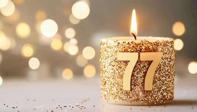 A Beautifully Decorated 77th Birthday Candle Surrounded by Golden Sparkles and Bokeh Lights, Creating a Festive Atmosphere for Celebration