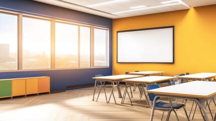 Bright and modern classroom interior with sunlight streaming through large window, showcasing a learning environment